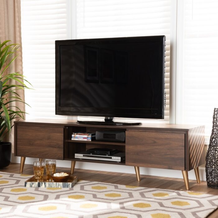 Landen Mid-Century Modern Walnut Brown and Gold Finished Wood TV Stand