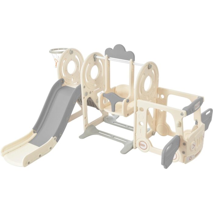 Kids Swing-N-Slide with Bus Play Structure, Freestanding Bus Toy with Slide&Swing for Bus Slide Set with Basketball Hoop