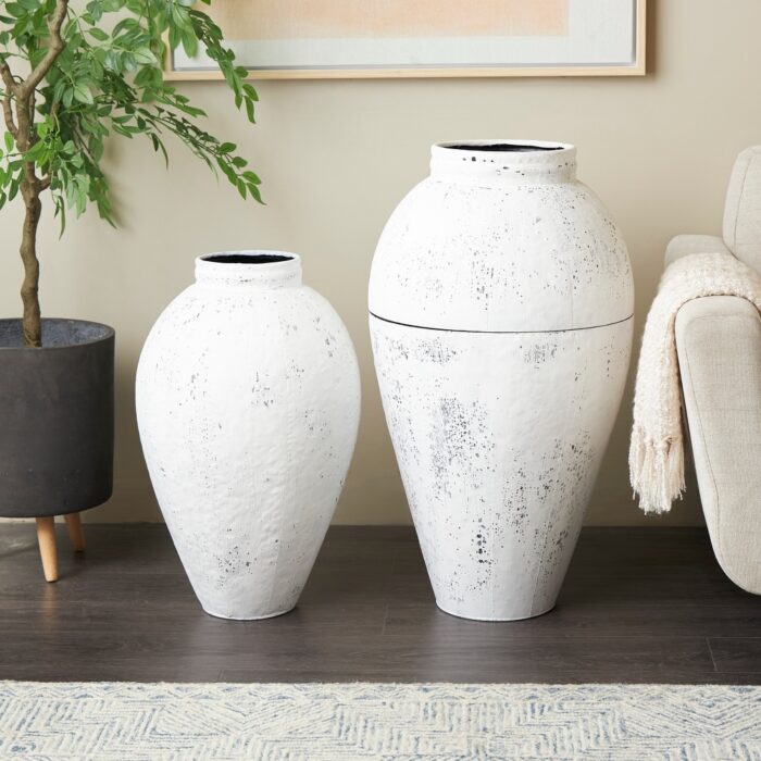 White Metal Tall Distressed Pot Floor Vase (Set of 2)