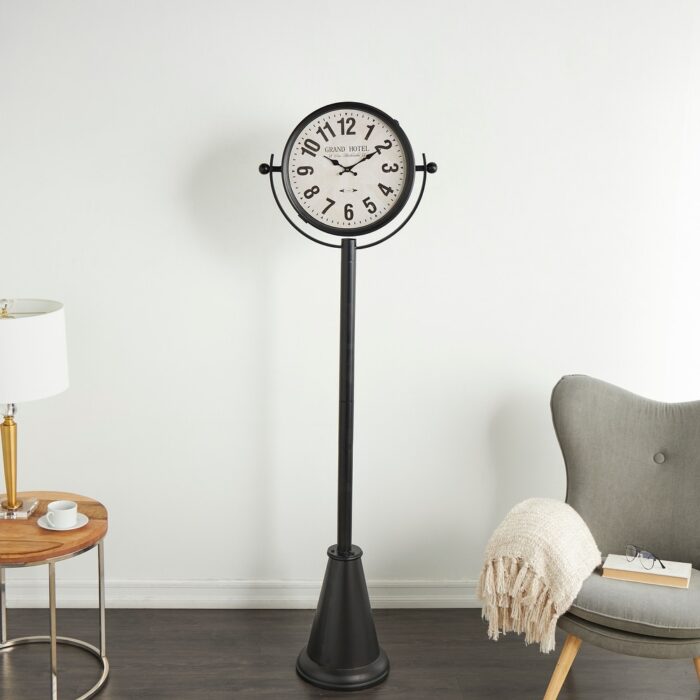 Black Metal Double Sided Tall Standing Floor Clock with Cone Shaped Base