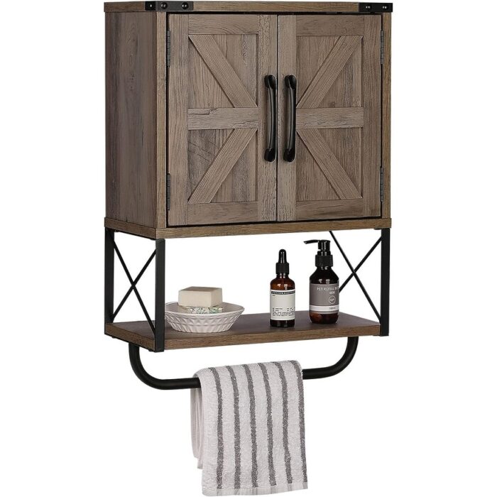Bathroom Wall Cabinet with 2 Door Adjustable Shelves and Towel Bar