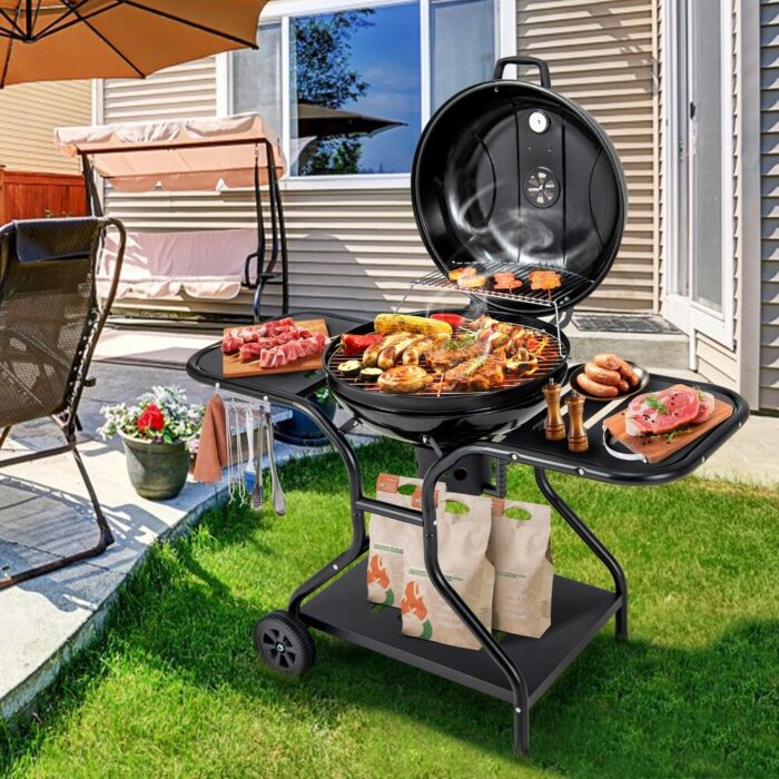22 Inches 2 Layer Racks Barbecue Grill with Wheels for Outdoor Camping-Black - 53 " x 25" x 38" - Image 2