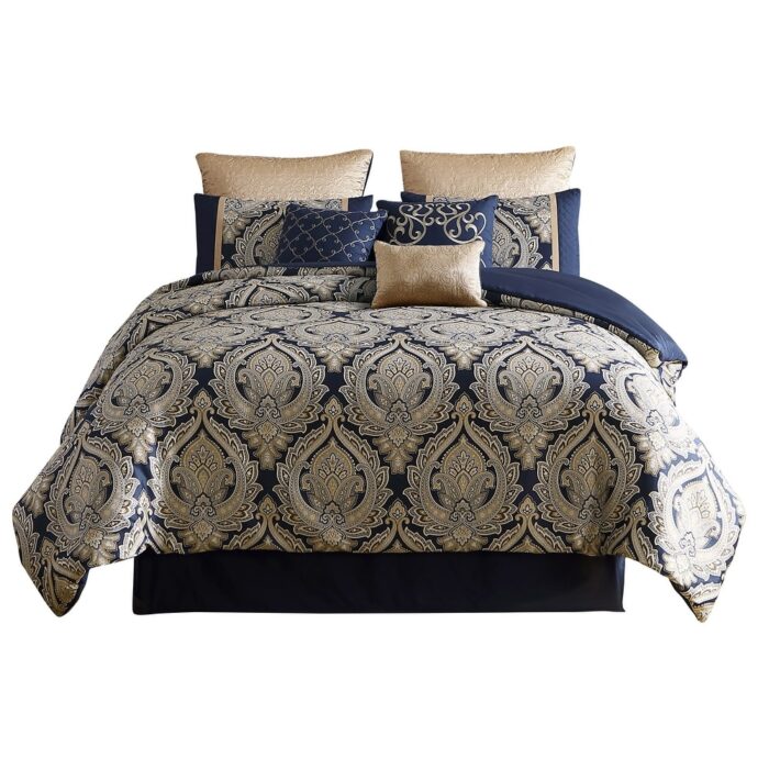 Nova 10 Piece Polyester King Comforter Set, Gold Damask Print, Navy Blue