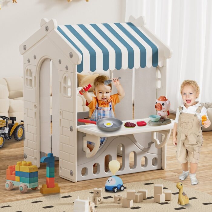 Blue Kids Playhouse with Cute Kids Pretend Play Kitchen Toys Set, Outdoor Playhouse for Toddlers Aged 1-3