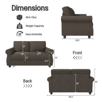 Rolled Arms Loveseat Sofa for Living Room, Deep Seat Lounge Loveseat Couch with Thick Cushion, Recliner Loveseat, Dark Gray - Image 2