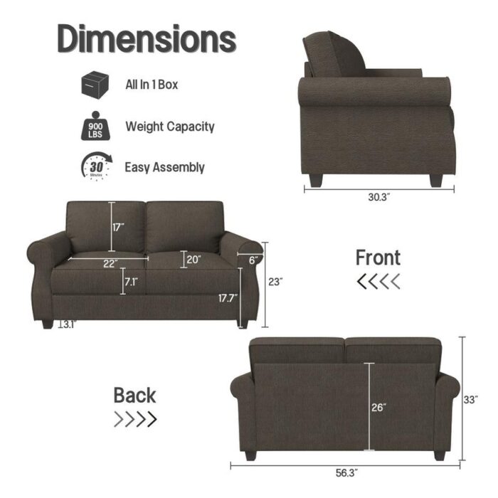 Rolled Arms Loveseat Sofa for Living Room, Deep Seat Lounge Loveseat Couch with Thick Cushion, Recliner Loveseat, Dark Gray - Image 2
