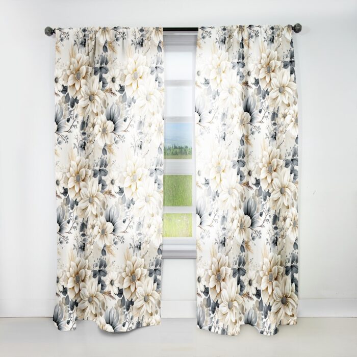 Designart "Ethereal White Chrysanthemum Boho Pattern II" Floral Curtain For Living Room Décor