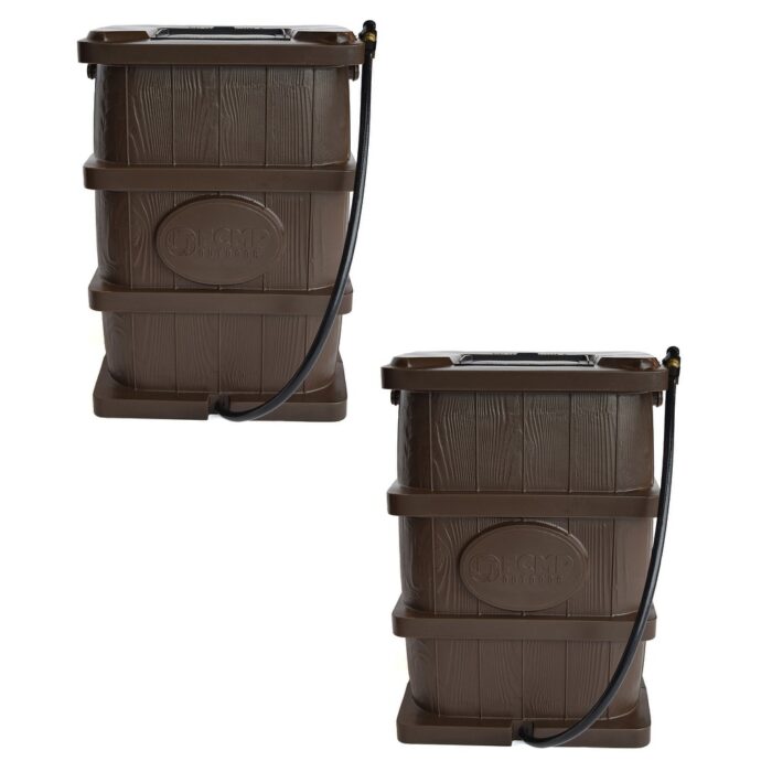 FCMP Outdoor 45 Gal Wood Grain Rain Catcher Barrel Container Brown (2 Pack) - 20