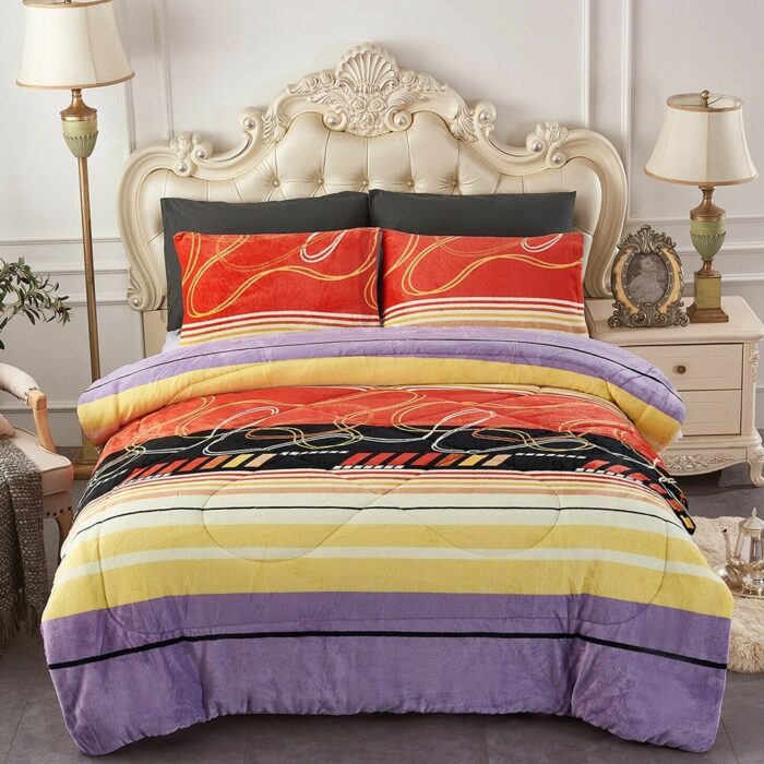 3 Piece Reversible Flannel Plush Borrego King Striped Multi