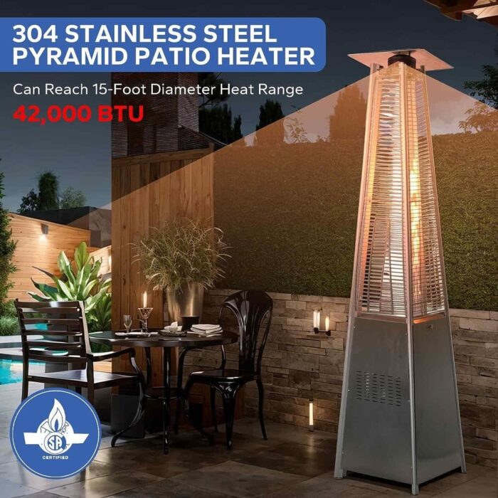 Outdoor Heater, 42,000 BTU Pyramid Glass Tube Propane Patio Heaters with w/Wheels Cover & Triple Protection System - Image 2