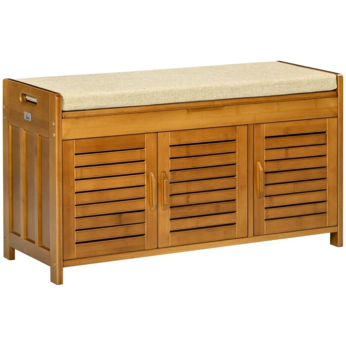 HOMCOM Shoe Bench with Storage Cabinets, Bamboo Entryway Bench with Seating Cushion, Brown - Image 2