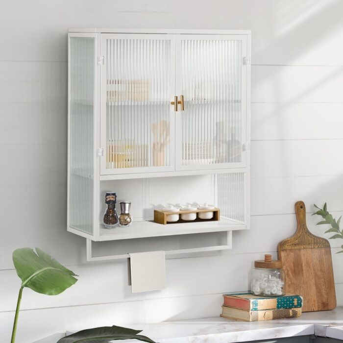 Wall Cabinet 2-tier Storage Cabinet with Open Shelf and Towel Rack - Image 2