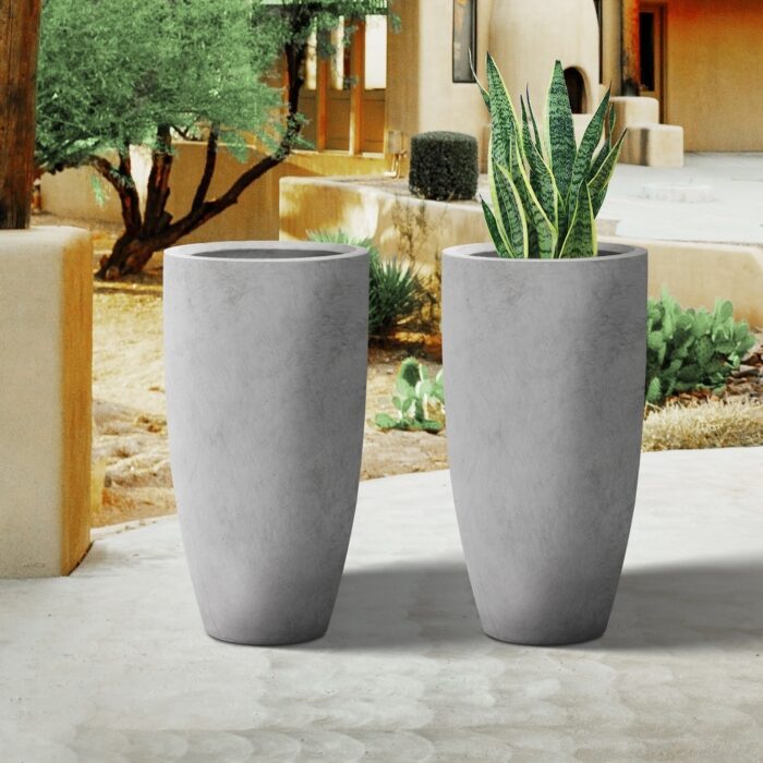 Plantara 24" H Tall Raw Concrete planter(Set of 2), Large Outdoor Plant pot, Modern Tapered Flower pot for Garden