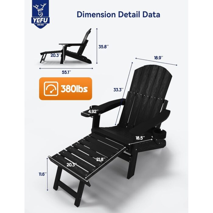 Folding Adirondack Chair Adjustable Backrest Chairs with Retractable Ottoman Set of 2 - Image 2
