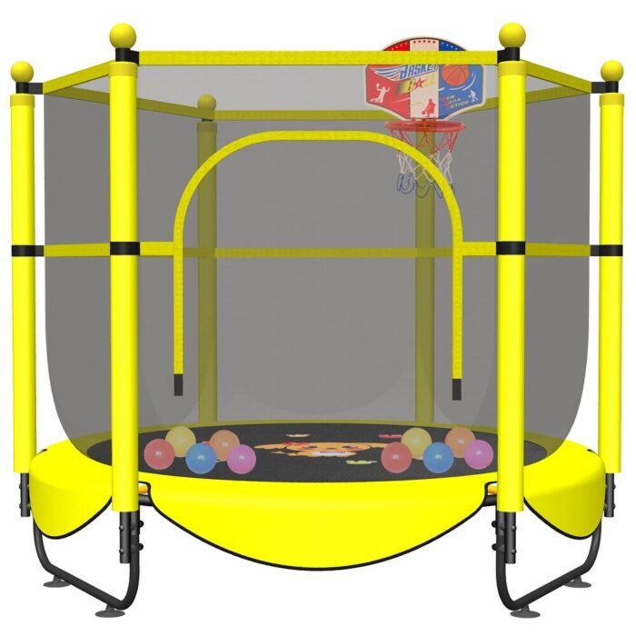 60" Trampoline for Kids, 5 FT Small Toddler Trampoline with Basketball Hoop, Safety Enclosure, Baby Trampoline Toys