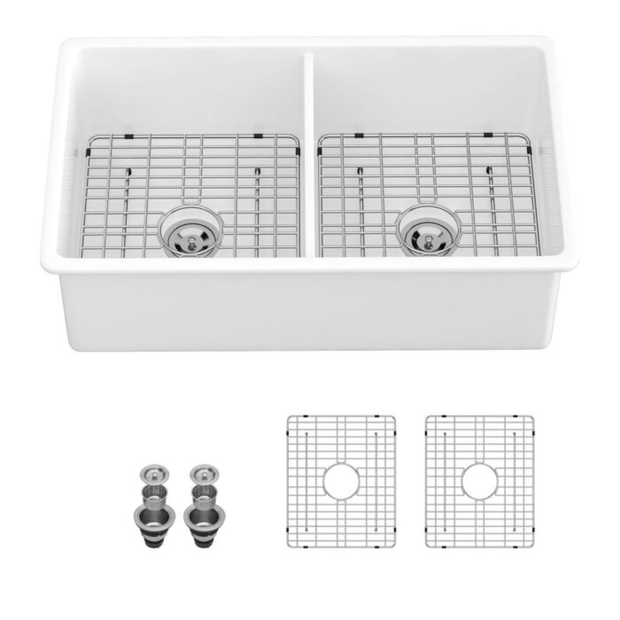 32 inch Undermount Double Bowl Glossy White Ceramic Kitchen Sink - 32"x19"