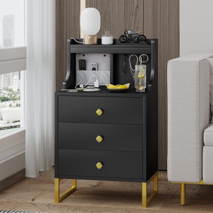 LED Nightstand with Charging Station with Hutch and 3 Drawers