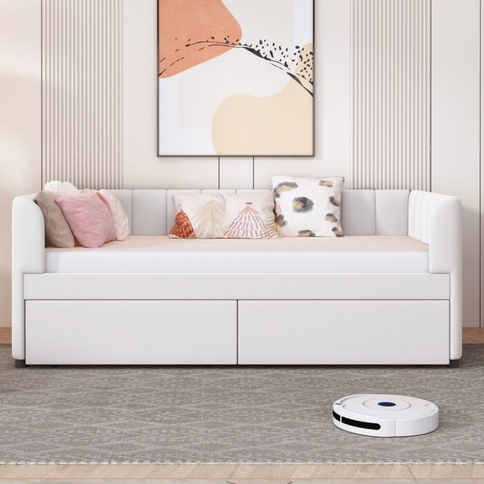 Upholstered Twin Size Daybed with Storage Drawers, Wooden Sofa Bed with Ergonomic Design Backrest, for Bedroom Living Room - Image 2