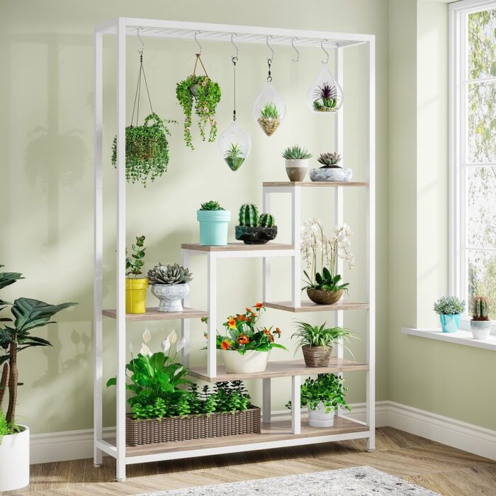 5-Tier Tall Indoor Plant Stand, Large Plant Shelf with 10PC Hanging Hooks for Indoor