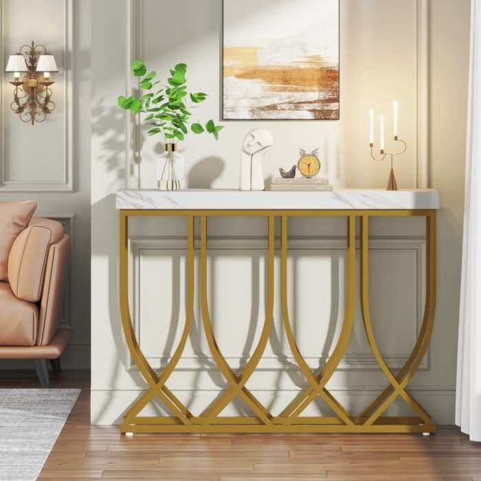 Faux Marble Console Table, 39.4-in Modern Entryway Table with Gold Geometric Legs - Image 2
