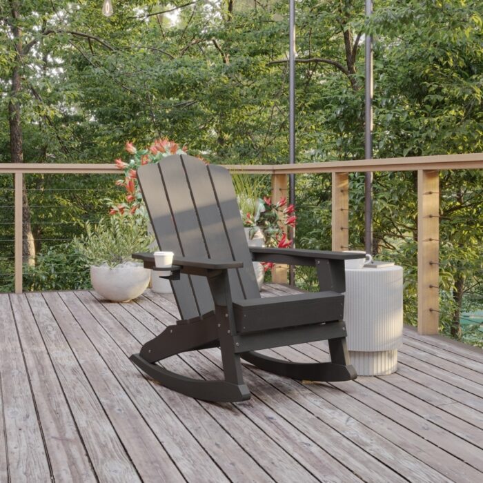 Commercial All-Weather Rocking Adirondack Chair with Swiveling Cupholder