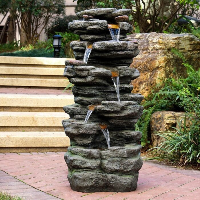 40in High Outdoor 6-tier Rock Cascading Water Fountain with LED Lights - N/A - Image 2