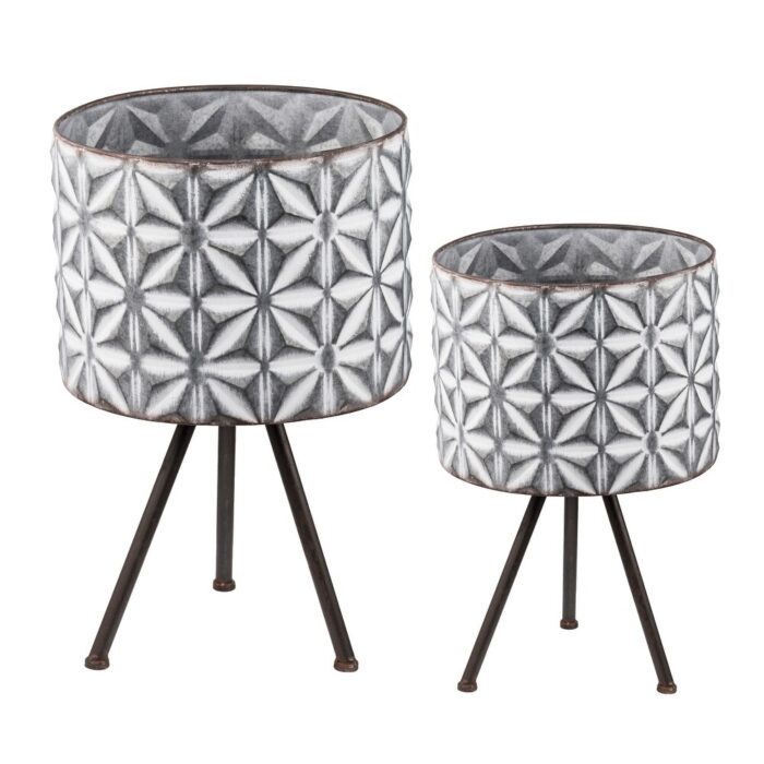 Set of 2 Metal Gray Planter w/ Stand, Round Unique Pattern Flower Pot - Image 2