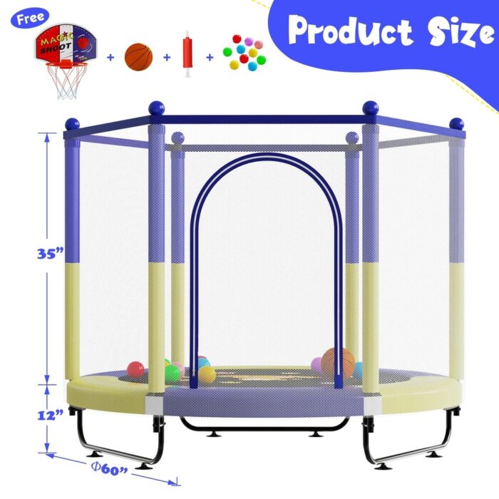 60" Trampoline for Kids, 5 FT Small Toddler Trampoline with Basketball Hoop, Safety Enclosure, Baby Trampoline Toys - Image 2