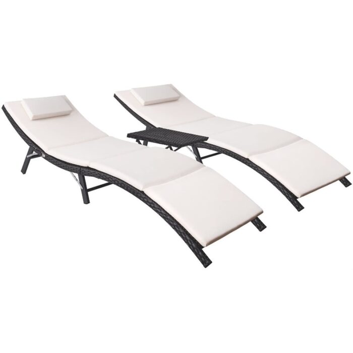 Homall 3 Pieces Patio Chaise Lounge with Removable Cushions Unadjustable Wicker Folding Chaise Lounge with Folding Table