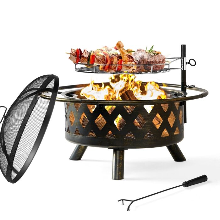 Aoxun 2 in 1 Fire Pit with Grill Outdoor Wood Burning