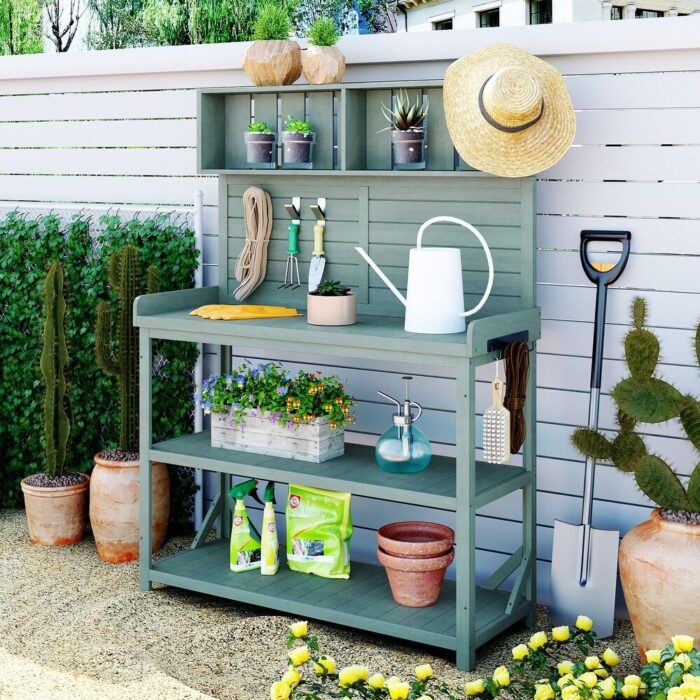 Wooden Farmhouse Rustic Outdoor Potting Bench Table