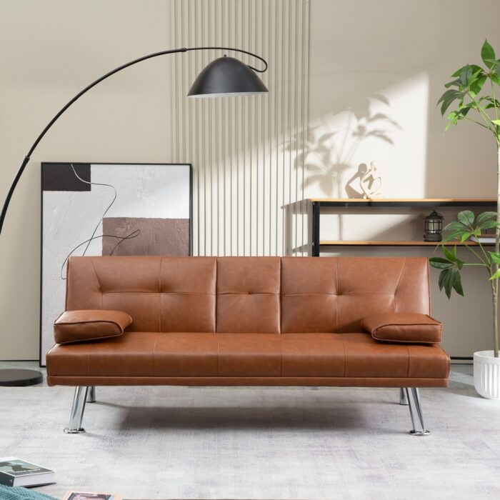 PU Leather Folding Sleeper Loveseat Sofa Convertible Futon Sofa Bed w/ Console and Removable Arm Pillows for Living Room, Brown - Image 2