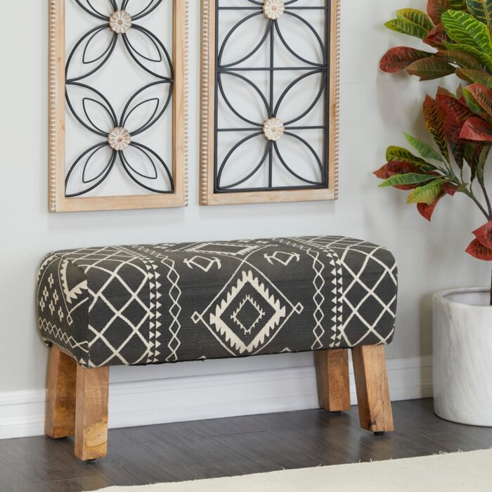 Black Wood Tribal Bench with Wood Legs - 33 x 15 x 18