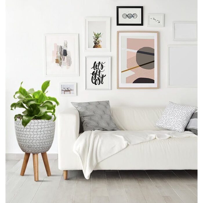 Cube Design White Round MgO Planter with Wood Legs - Image 2
