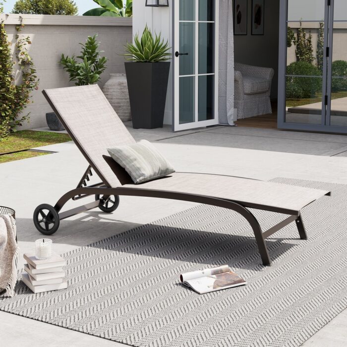 Outdoor Living Cart Wheel Chaise Lounge Chair Pool Lounger with Adjustable Back - See Picture