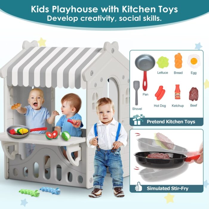 Gray Kids Playhouse with Cute Kids Pretend Play Kitchen Toys Set, Outdoor Playhouse for Toddlers Aged 1-3 - Image 2