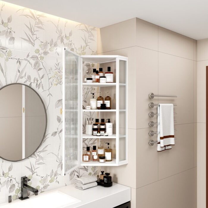 Modern Glass Doors Wall Mounted Bathroom Storage Cabinet, Triangular Corner Cabinet with Four-tier Shelves - Image 2