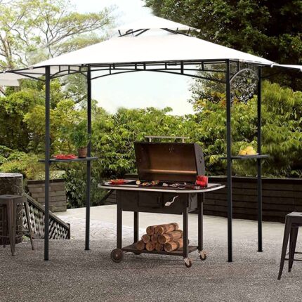 13Ft.Lx4.5Ft.W Steel Double Tiered Backyard Patio BBQ Grill Gazebo with Bar Counters&Extendable Shades, White