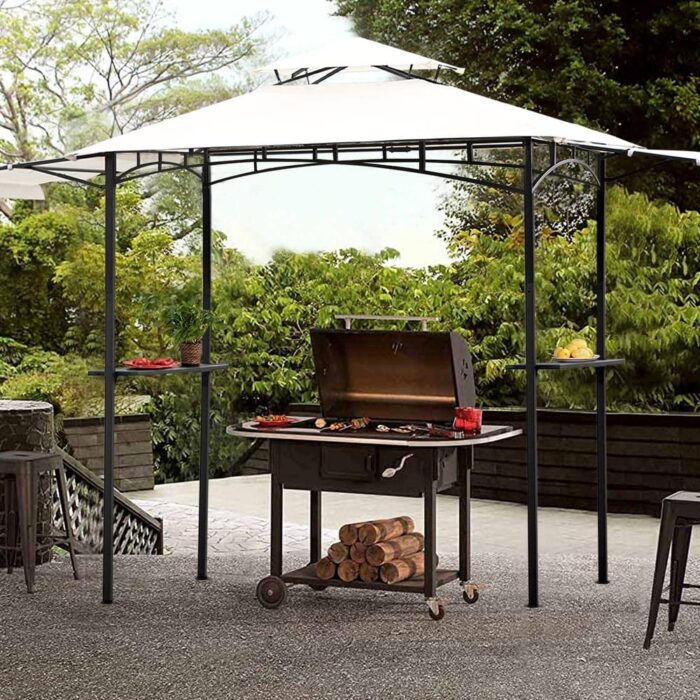 13Ft.Lx4.5Ft.W Steel Double Tiered Backyard Patio BBQ Grill Gazebo with Bar Counters&Extendable Shades, White