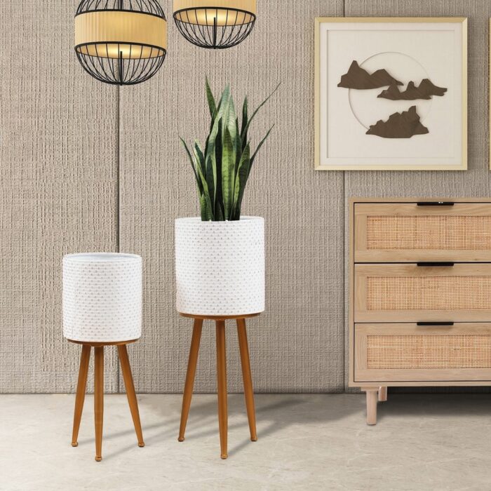 Distressed White Cachepot Planters with Bronze Metal Stands (Set of 2)