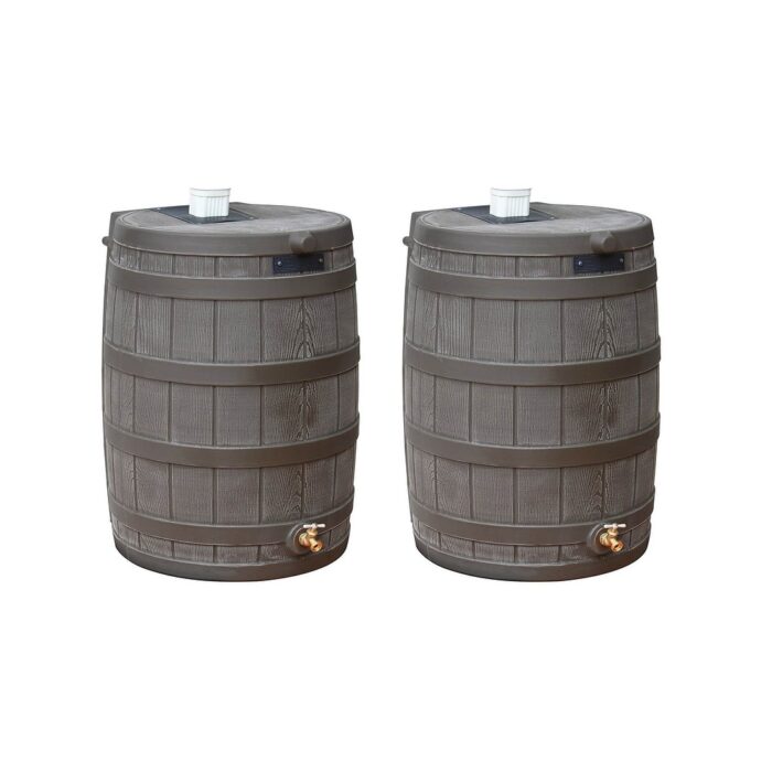 Good Ideas Rain Wizard 50 Gallon Rain Barrel Water Collector, Oak (2 Pack) - 19