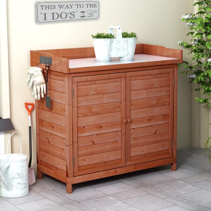 39" Wood Garden Potting Table with 2 Tier Shelves and Side Hook