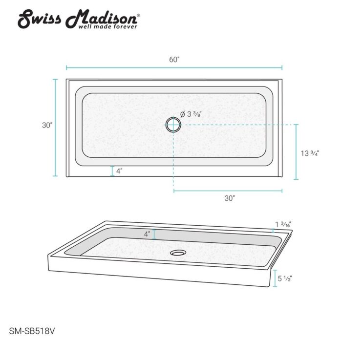 Swiss Madison Voltaire 60" x 30" Rectangular Shower Base with Single - Image 2