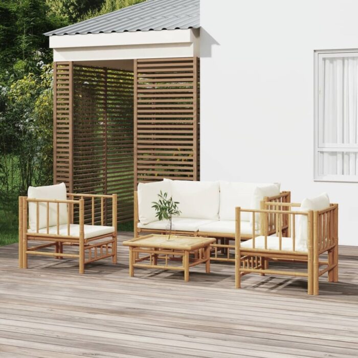 vidaXL multi Piece Patio Lounge Set with Dark Gray/Cream White Cushions Bamboo