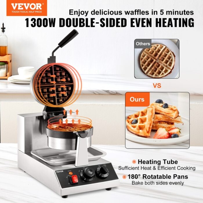 VEVOR Commerical Round Waffle Maker 1300W Rotatable Non-Stick Waffle Iron 120V - Image 2