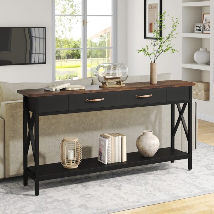 70.9 Long Sofa Console Table with 2 Drawers for Entryway Behind Couch Hall Foyer, White Walnut Brown - Image 2