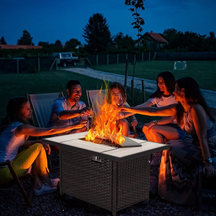 Outdoor 43 in. 50000 BTU Propane Fire Pit Table with Ceramic Tile Top and Resin Wicker Base - 29.1"D x 43.3"W x 24.2"H - Image 2