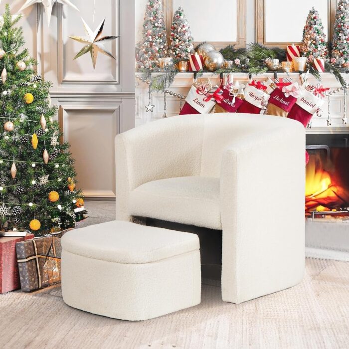 Sherpa Barrel Chair Accent Chair with Storage Ottoman Set