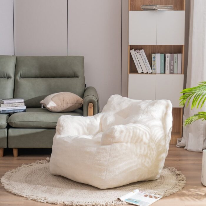Soft Tufted Foam Bean Bag Chair with Teddy Fabric- Cream White