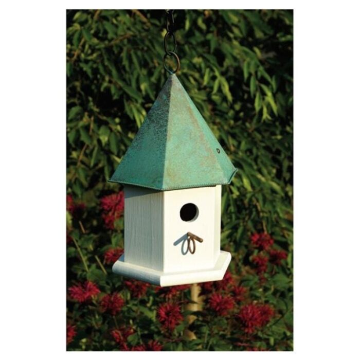 White Wood Bird House with Verdi Green Copper Roof - H-15 Inches,W- 7 Inches,D-7 Inches - Image 2